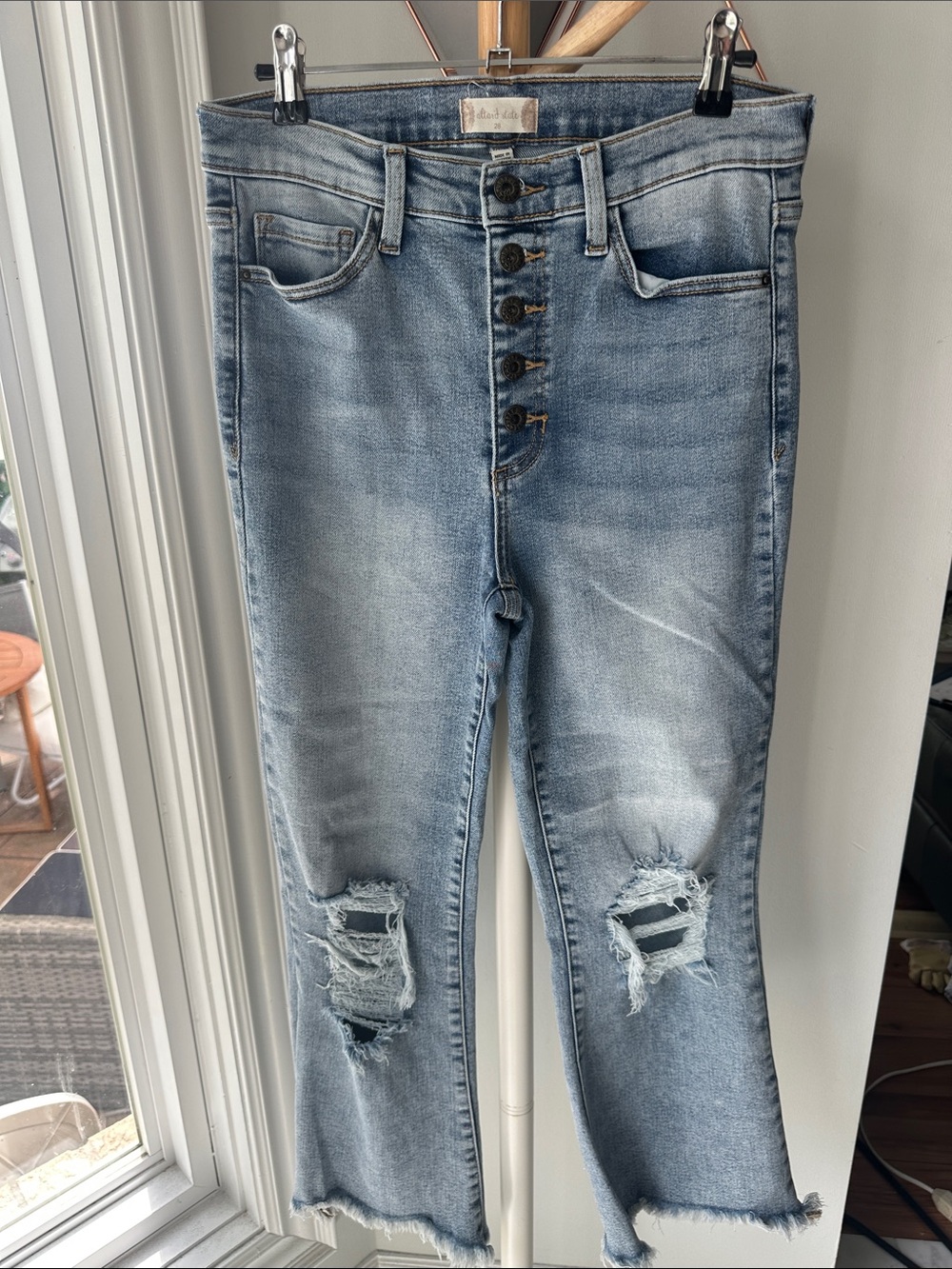 ALTAR’D STATE High-Rise Distressed Jeans Light Blue Denim Bootcut Flare Size 28